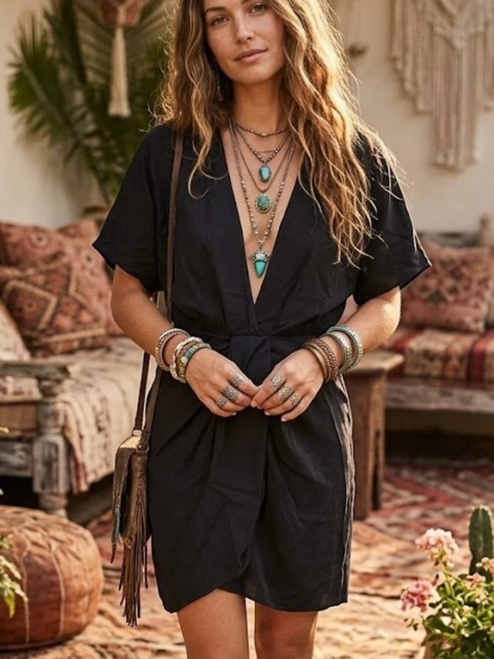 H&M Black Deep V-Neck Draped Knot Mini Dress - Quiet Luxury Lagenlook Boho